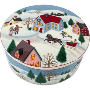 Mikasa Holiday Village Covered Candy Dish Round Ceramic Winter Sleigh Japan